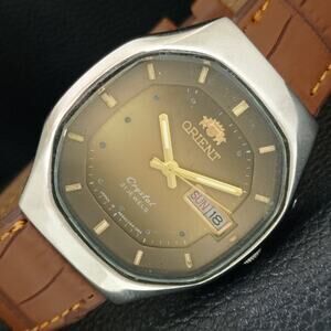 Vintage 1989 Square Orient Automatic Mens Silver Watch W/daydate & Gold accents